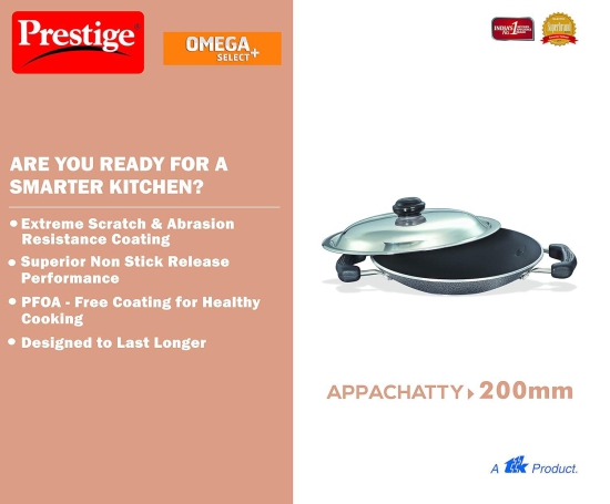 Prestige Omega Select Plus Residue Free Non-Stick Deep Appachetty with Lid, 20cm (Aluminium, Black)