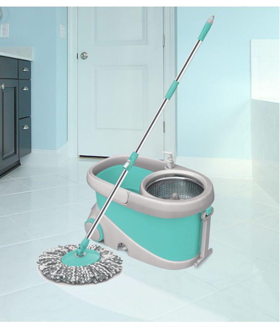 Spotzero by Milton Prime Spin Mop with Big Wheels and Stainless Steel Wringer, Bucket Floor Cleaning and Mopping System,2 Microfiber Refills,Aqua Green - Sea Green