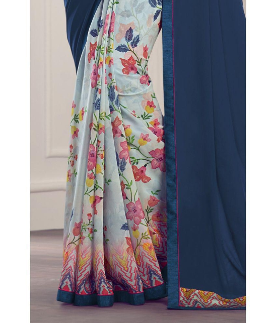 Rangita Half & Half Printed Georgette Saree With Lace Border & Blouse Piece - Navy Blue - Navy Blue