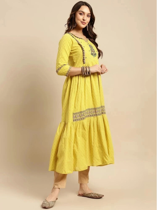 Rangita Women 100% Cotton Lime Green Yoke Embroidered Self Textured Calf Length Anarkali - None