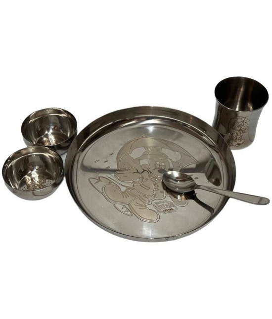 Dynore Lasered Dinner Set for Kids Silver Stainless Steel Dinner Set ( Pack of 5 ) - Silver