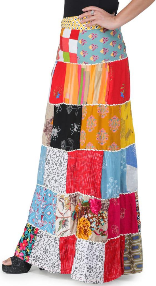 Solitary-Star Printed Long Boho Wrap-On Long Skirt from Gujarat with Patch Work