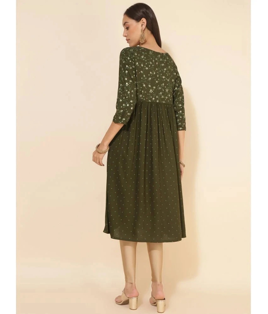 Janasya Rayon Printed Anarkali Womens Kurti - Olive ( Pack of 1 ) - None