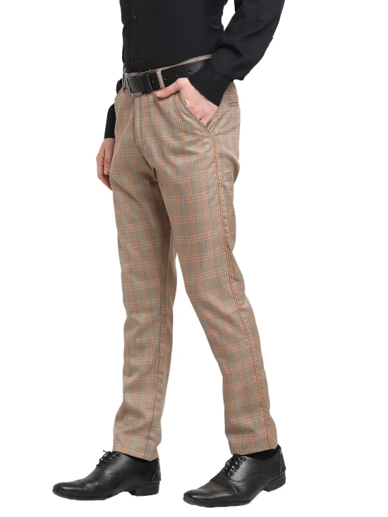 Indian Needle Men's Brown Cotton Checked Formal Trousers-30 / Brown