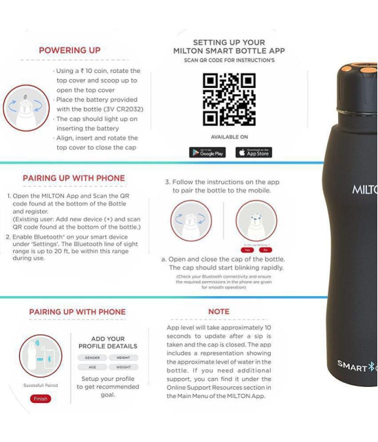 Milton Smart Stainless Steel Water Bottle (880 ml) Black - Black