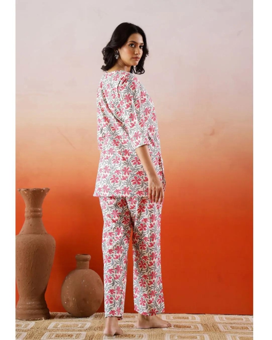 Plus Size White and Light Maroon Floral print Cotton Loungewear Set-M