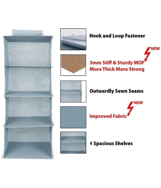 Non Woven Foldable Hanging 4 Shelves Wardrobe/Closet Cloth storage Organizer (Grey)-Pack of 2