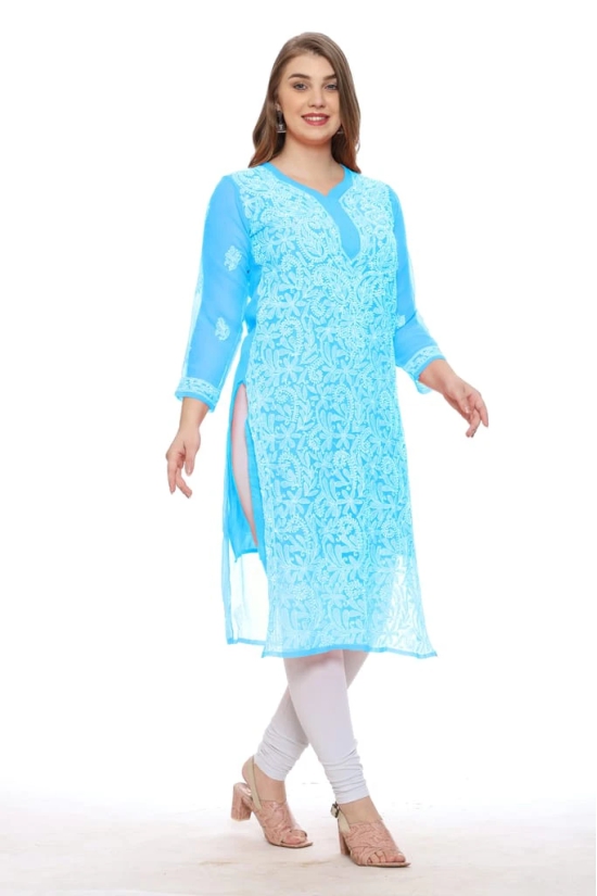 Lavangi Women Lucknow Chikankari Sky Blue Georgette Kurti with Matching Cotton Inner