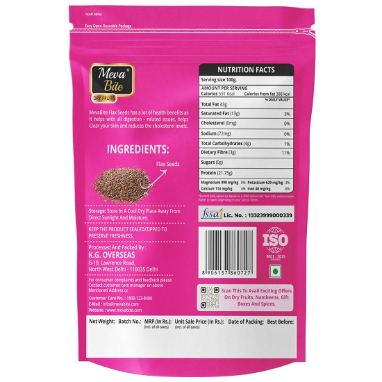 MevaBite Flax Seeds for Eating - 400g | Gluten-Free | Ideal for Hair Growth & Immunity Boosting Snacks | Source of iron & Dietary Fibre