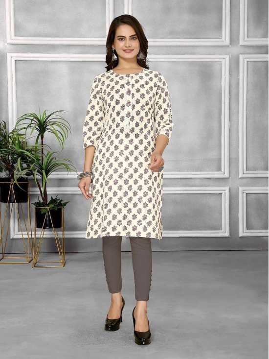 Rangita Women Cotton Off White Printed Knee Length Straight Kurti - None