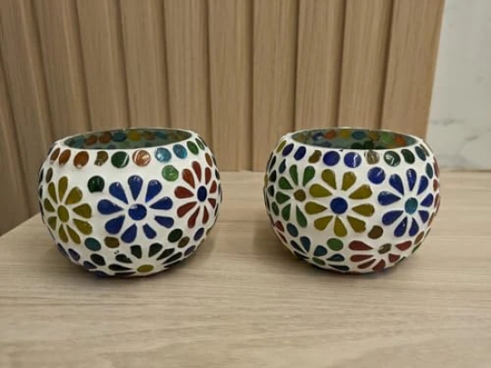 Aarna Creations Mosaic Tea Light Stand| Handcrafted Turkish Candle Stand | Tea-Light Bowl (Set of 2) (Flower)