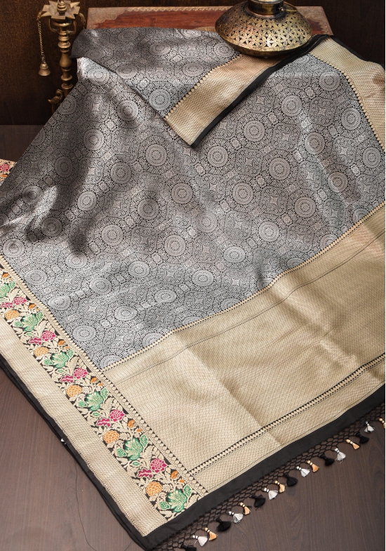 Exquisite Brocade Banarasi Saree in Black with Meenakari Borders   | SILK MARK CERTIFIED