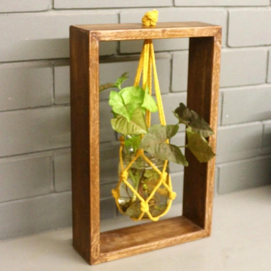 BARISH - Table Top Planter Wooden Frame (Single) | Handcrafted with Rubberwood | Wooden Frame with Glass Mason Jars | Indoor Planter with Stand 15.25 x 9.5 x 2 Inches