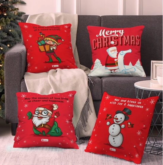 Indigifts Holiday Fun with Cute Christmas Characters Cushion Cover (16x16 Inches; Red) - Set of 4 - Christmas Cushion, Xmas Decorations, Christmas Pillow, Christmas Decorations for House