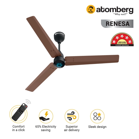 Atomberg Renesa 1200 mm BLDC Motor with Remote 3 Blade Ceiling Fan (Brown and Black, Pack of 1)