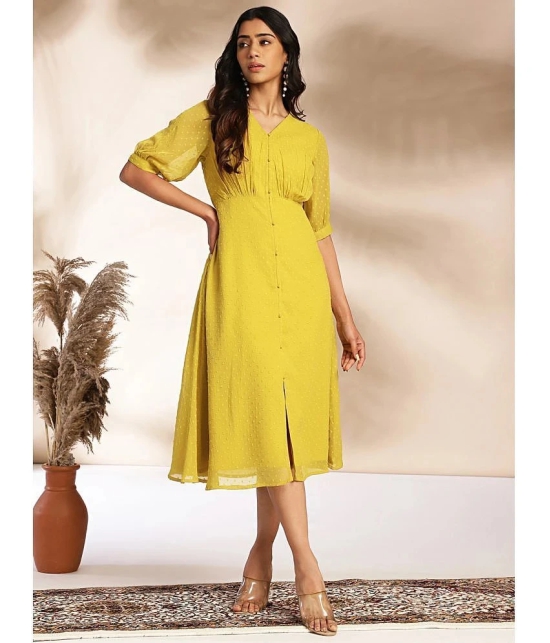 Janasya Chiffon Self Design Midi Womens A-line Dress - Mustard ( Pack of 1 ) - None