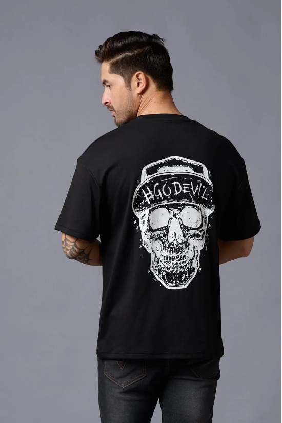 #Go Devil With Skull (in White) Printed Black Oversized T-Shirt for Men XL