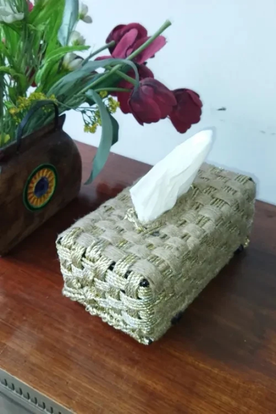 Sandy Jute Tissue Box-Brown & Gold