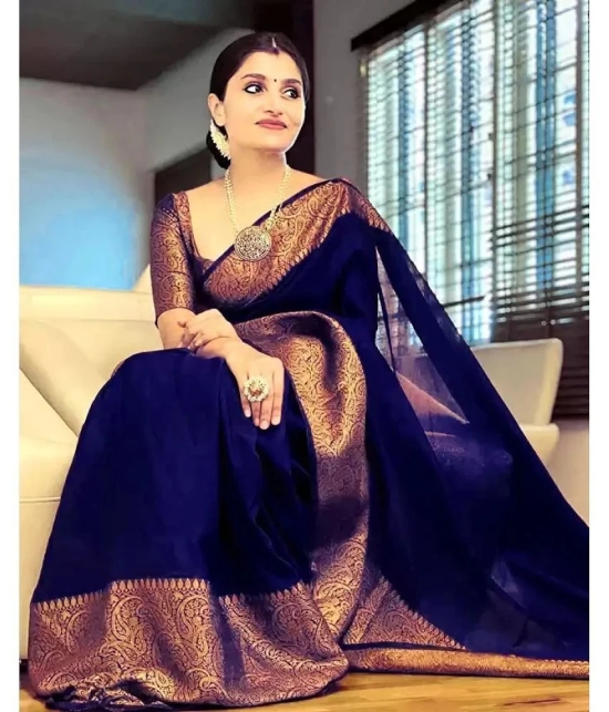 Gazal Fashions Banarasi Silk Embellished Saree With Blouse Piece - Navy Blue ( Pack of 1 ) - Navy Blue