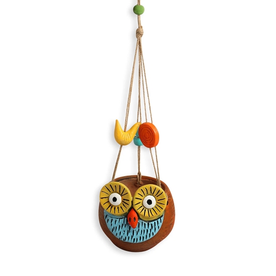 Night Owl Hanging Planter Pot In Terracotta (5.6 Inch, Handmade & Hand-Painted, Brown)