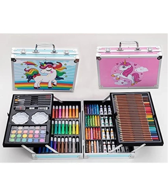 Unicorn Design-Pink 145-Piece Art Supplies Set for Kids | Delue Studio Drawing and Painting Kit in Portable Aluminum Case | Great Gift for Boys, Girls, Children, Teens, and Artists - Pink