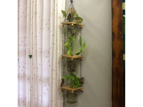 BARISH - Set of 3 Hanging Glass Jar Planters | Hanging 3 Jar Planter Handcrafted with Rubberwood | Hanging Glass Planters for Indoor and Outdoor - Sandy Brown