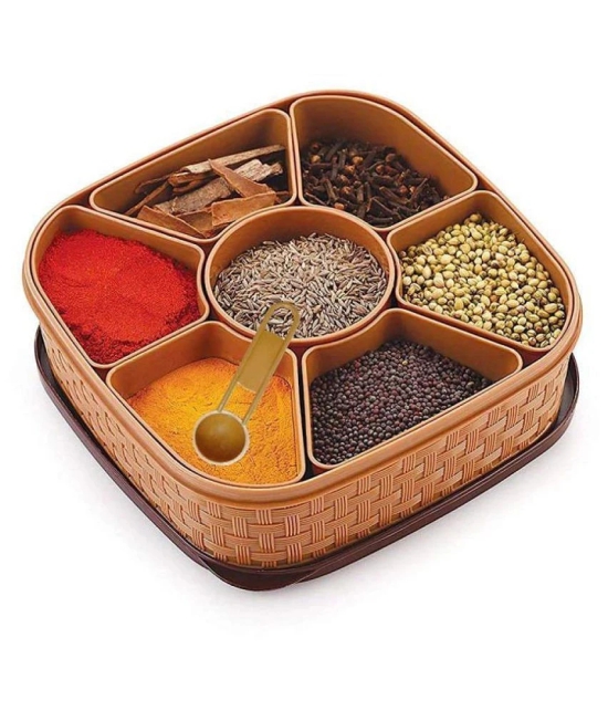 Masala Rangoli Box Dabba for Keeping Spices, Spice Box for Kitchen, Plastic Wooden Style Masala Box, Masala Container, Masala Dabba - Multicolor