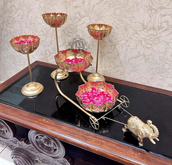 Urli Bowl Elephant Baggi Cart for Floating Flowers and Tea Light Candles Decoration and Puja Decoration.(26-ELEPHNTcart-KAMAL-3stand)