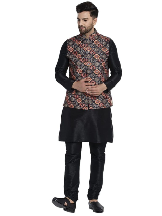 Banity Bey Men's Silk Blend Black Kurta Pajama with Designer Ethnic Nehru Jacket/Modi Jacket/Waistcoat