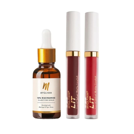 LIT Velvet Matte Liquid Lipstick + MyGlamm 10% Niacinamide Clarifying Serum Exclusive Combo | Hydrating Lipstick & Anti-inflammatory Face Serum