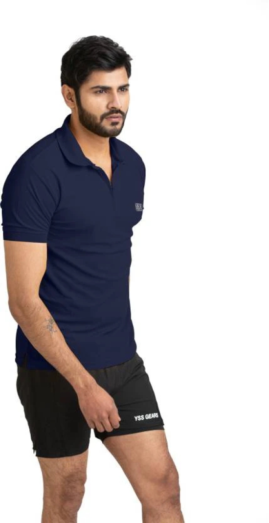 Men Solid Polo Neck Polyester Dark Blue T-Shirt