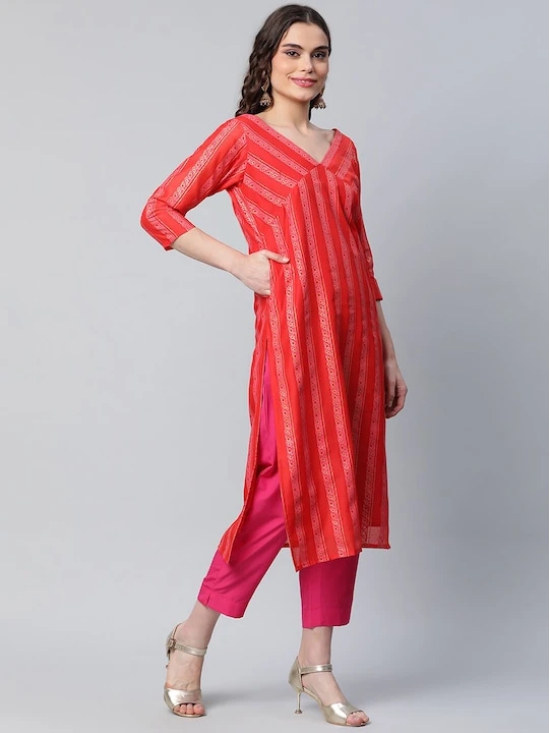 Women Red Striped Kurta with Trousers