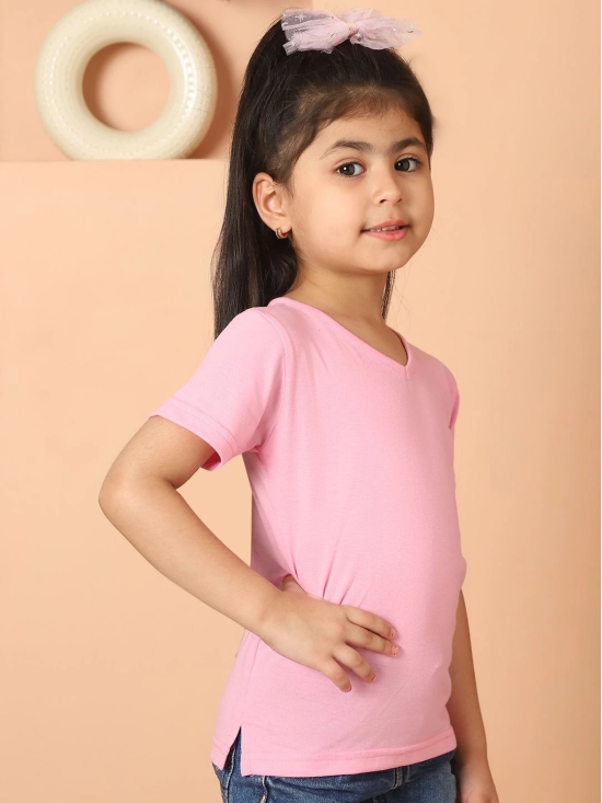 MINI & MING Girls Solid V-Neck Pure Cotton T-shirt