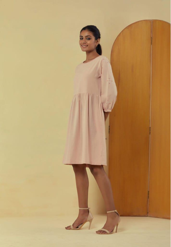 Liana Mud Pink Knee Length Dress With Hand Embroidery