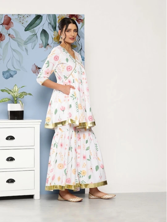 Women White Floral Printed Pleated Kurta with Sharara & With Dupatta