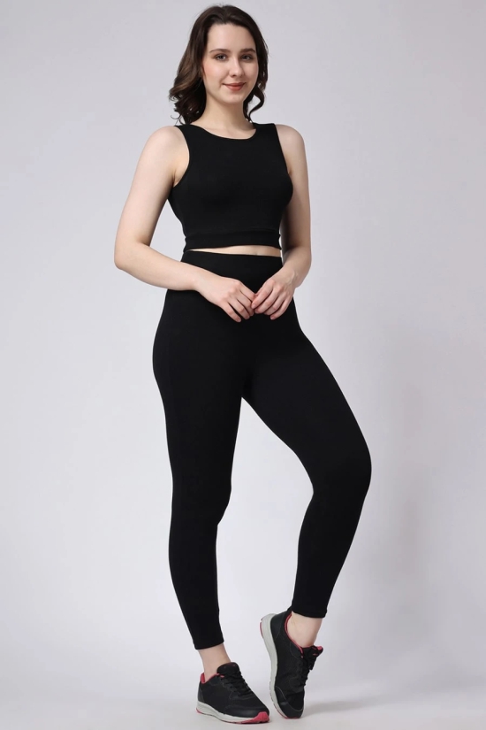 Womens Black Gym Co-Ord Set Leggings & Sleeveless Crop Top-L / Black