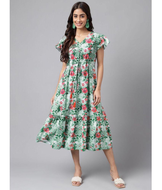 Janasya Polyester Printed Midi Womens Fit & Flare Dress - Green ( Pack of 1 ) - None