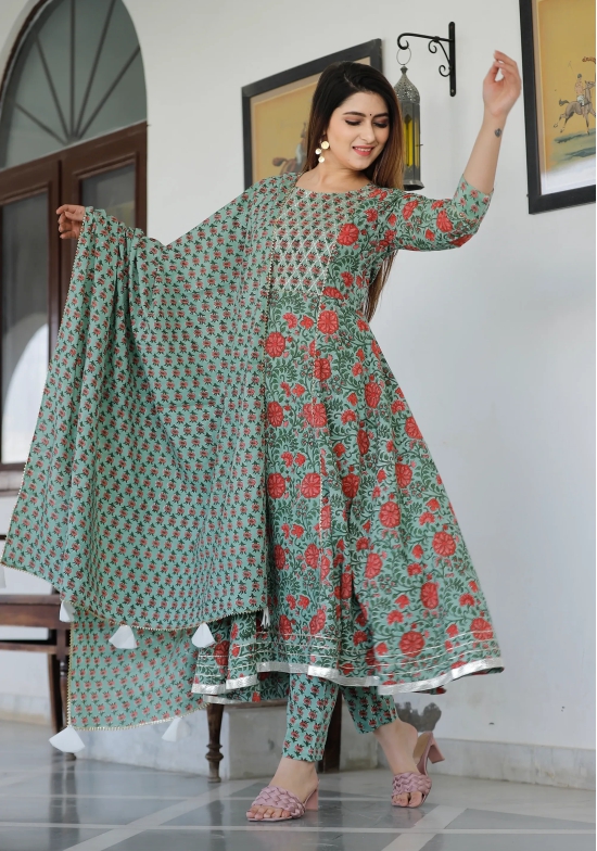 Light Green Hand Block Printed Anarkali Set S