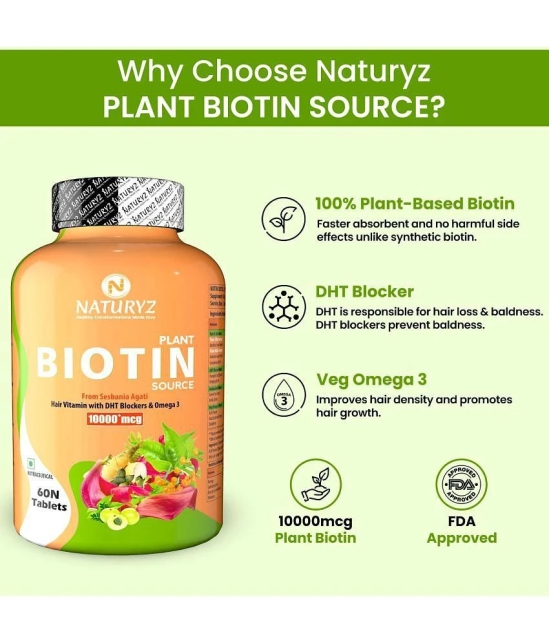 NATURYZ 100% Plant Based Biotin with DTH Omega 3 for Strong Hairs, Nails, Glowing Skin - 60 Tablets