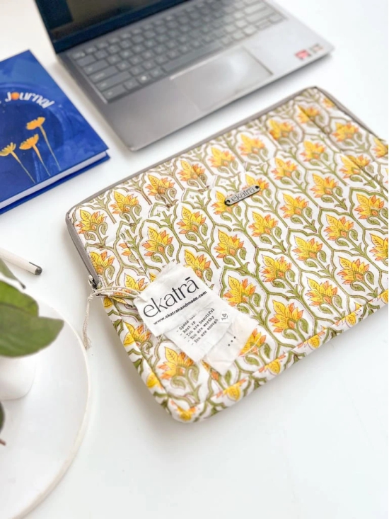 Sustainable Handmade Cotton Laptop Sleeve/Laptop Cover by Ekatra - Yellow motif