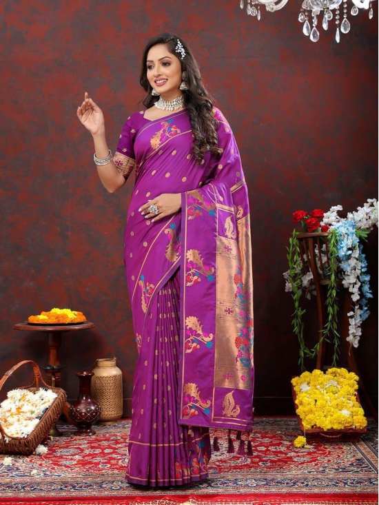 Wine Soft Paithani Silk Woven Design Copper Zari Meenakari Weaving Saree