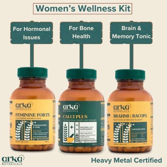 Arka Botanicals Womens Wellness Kit | Hormonal Balance, Bone Strength & Mental Clarity | Natural Ayurvedic Blend with Lodhra, Shatavari, Khatika, Hadjod & Bacoside | Complete Womens Health Support