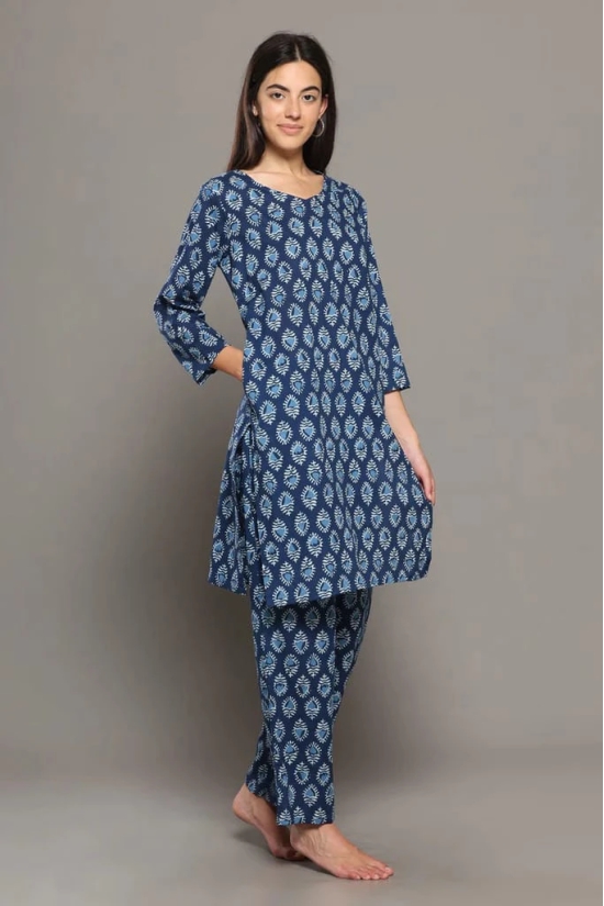 BREATHABLES Women Cotton Printed Loungewear Kurta and Pants Co-ord Set 3/4 Sleeve  V Neck Comfort Loose Fit (Night Wear | Co-ord set | Lounge Wear Set)