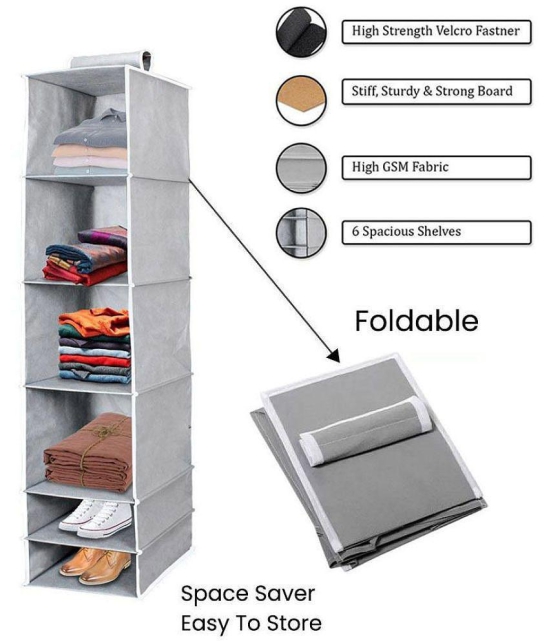 HOMETALES Non-Woven 6 Shelf, Cloth Hanging Organizer,Grey (1U)