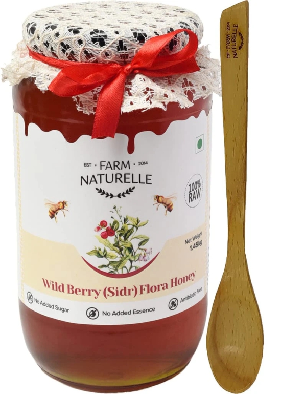 Farm Naturelle-Wild Berry (sidr) Flora Honey Honey|1450gm and a Wooden Spoon| 100% Pure & Organic Honey, Raw Natural Un-Processed - Un-Heated Honey | Lab Tested Honey in Glass Bottle.