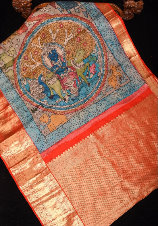 Green and Blue Authentic Pen Kalamkari on Pure Kanjivaram silk Saree with Zari Border | SILK MARK CERTIFIED