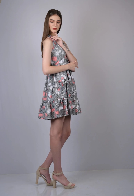 Grey Floral Print Fit and Flare Dress (OTL-DRS1001)-Grey / M