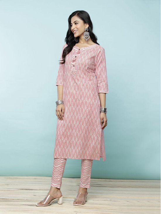 Rangita Women Cotton Peach Printed Calf Length Straight Kurti With Pants - None