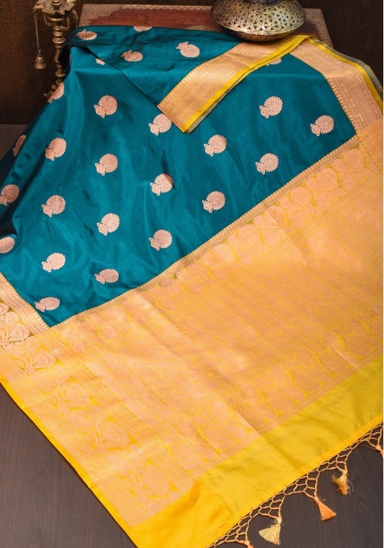 Banarasi Katan Silk Saree in Peacock Blue & Yellow with Damask Motifs | SILK MARK CERTIFIED