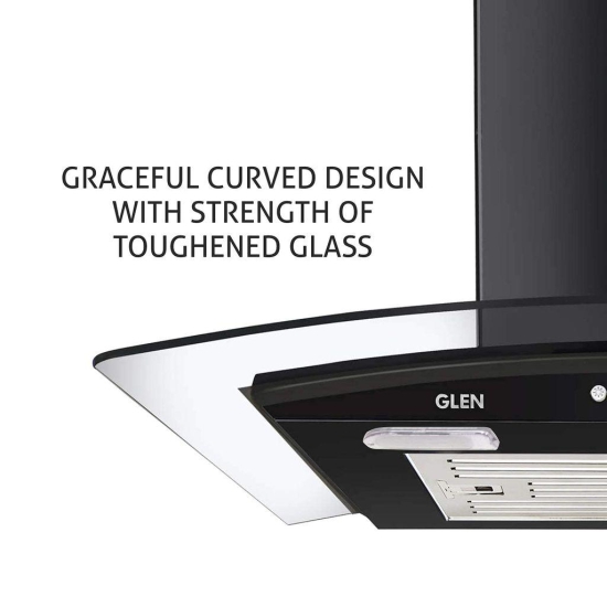 Glen 60cm 1000 m3/hr Curved Glass Wall Mounted Kitchen Chimney With 7 years warranty on Product Push Buttons Baffle Filter (6070 Junior Black)